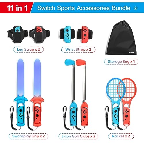 11 in 1 Switch Sports Accessories Bundle with Tennis Rackets, Golf Clubs, Swords, Wrist and Leg Strap, Storage Bag V7801