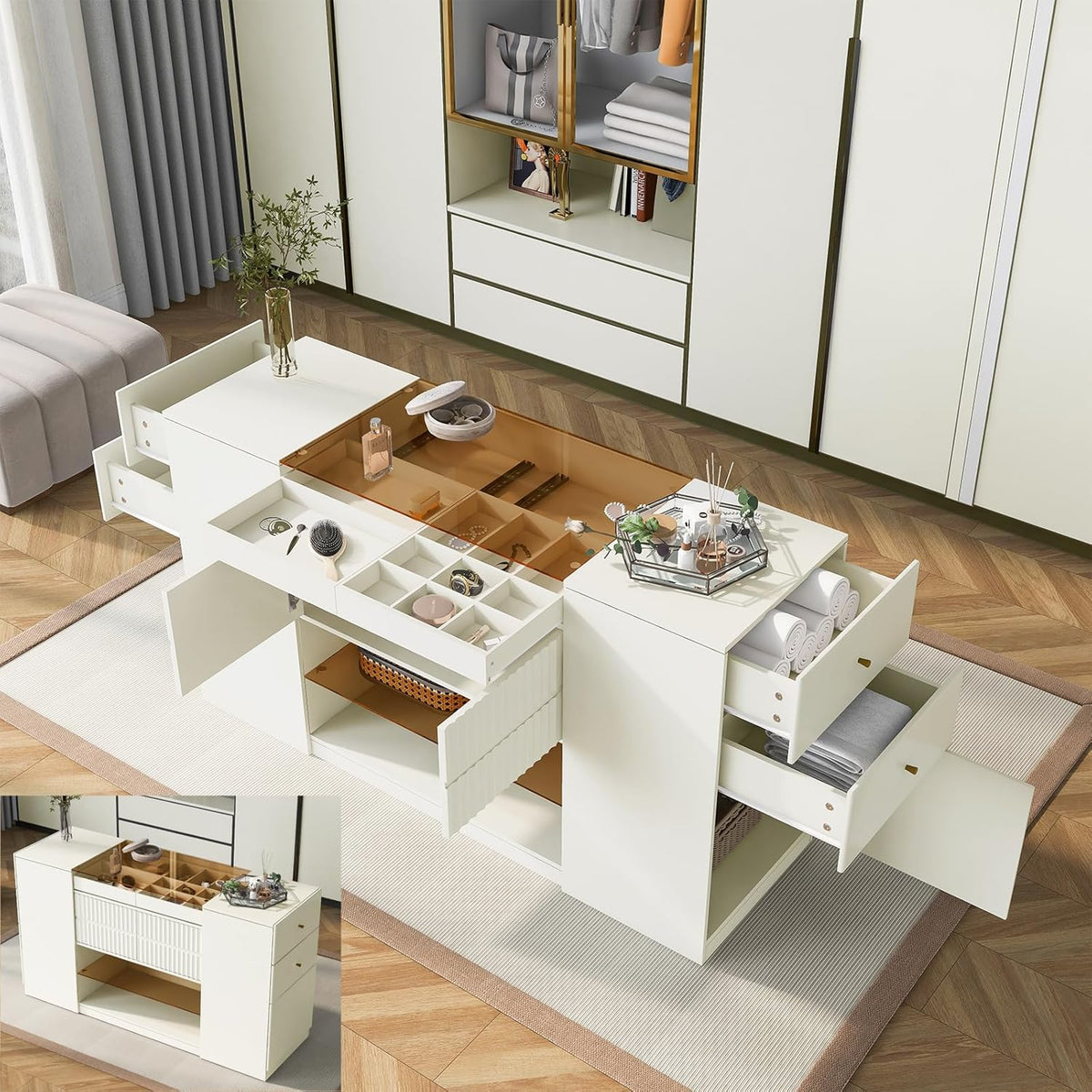 Glass Top Wooden Closet Island with 6 Drawers 3 Cabinets A7680