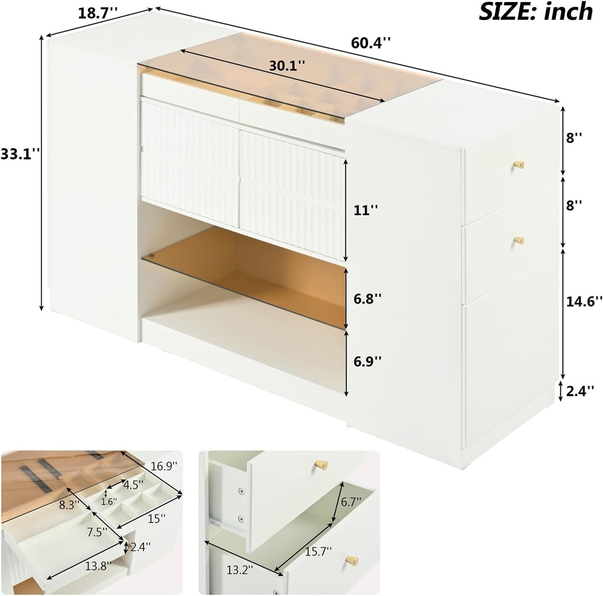 Glass Top Wooden Closet Island with 6 Drawers 3 Cabinets A7680