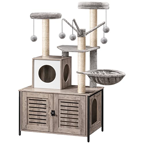 Greige Wooden Cat Tree with Litter Box Enclosure, 27.6" L x 18.9" W x 52" H Y238288