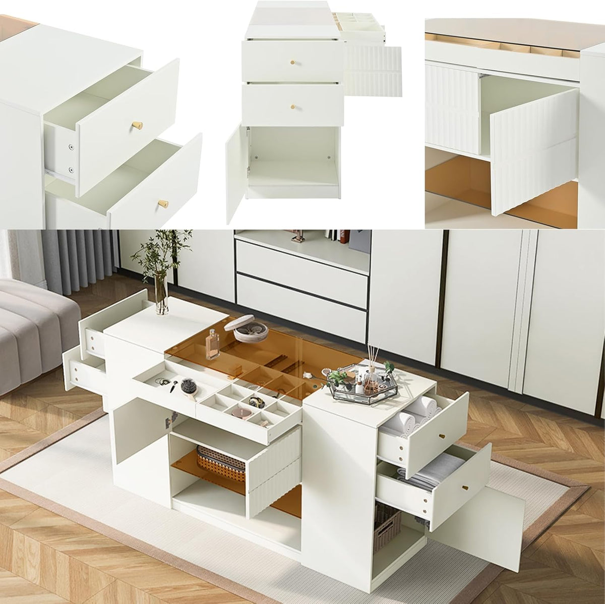 Glass Top Wooden Closet Island with 6 Drawers 3 Cabinets A7680