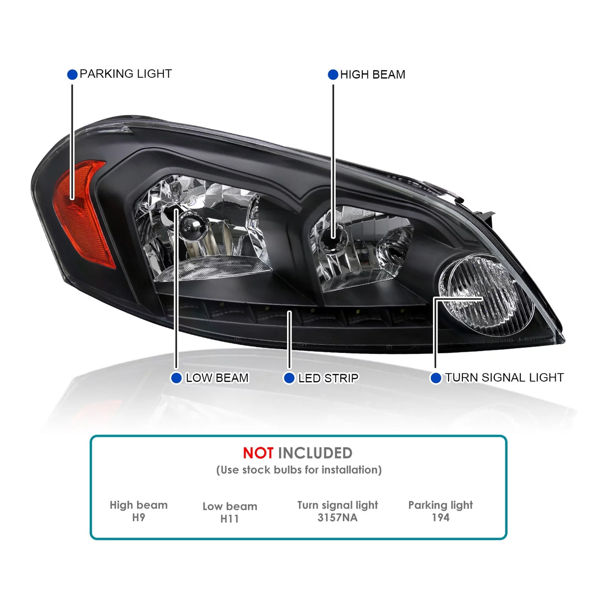 Black Clear SMD Led Headlights for Chevy Chevrolet Impala 2006-2013 J4016