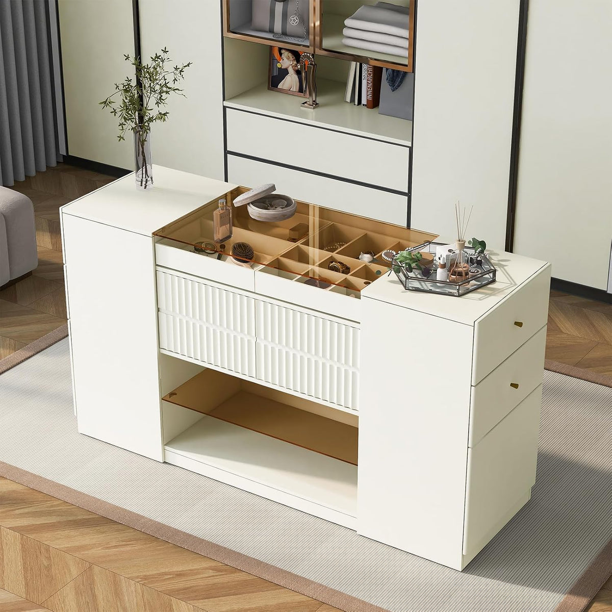 Glass Top Wooden Closet Island with 6 Drawers 3 Cabinets A7680