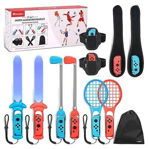 11 in 1 Switch Sports Accessories Bundle with Tennis Rackets, Golf Clubs, Swords, Wrist and Leg Strap, Storage Bag V7801