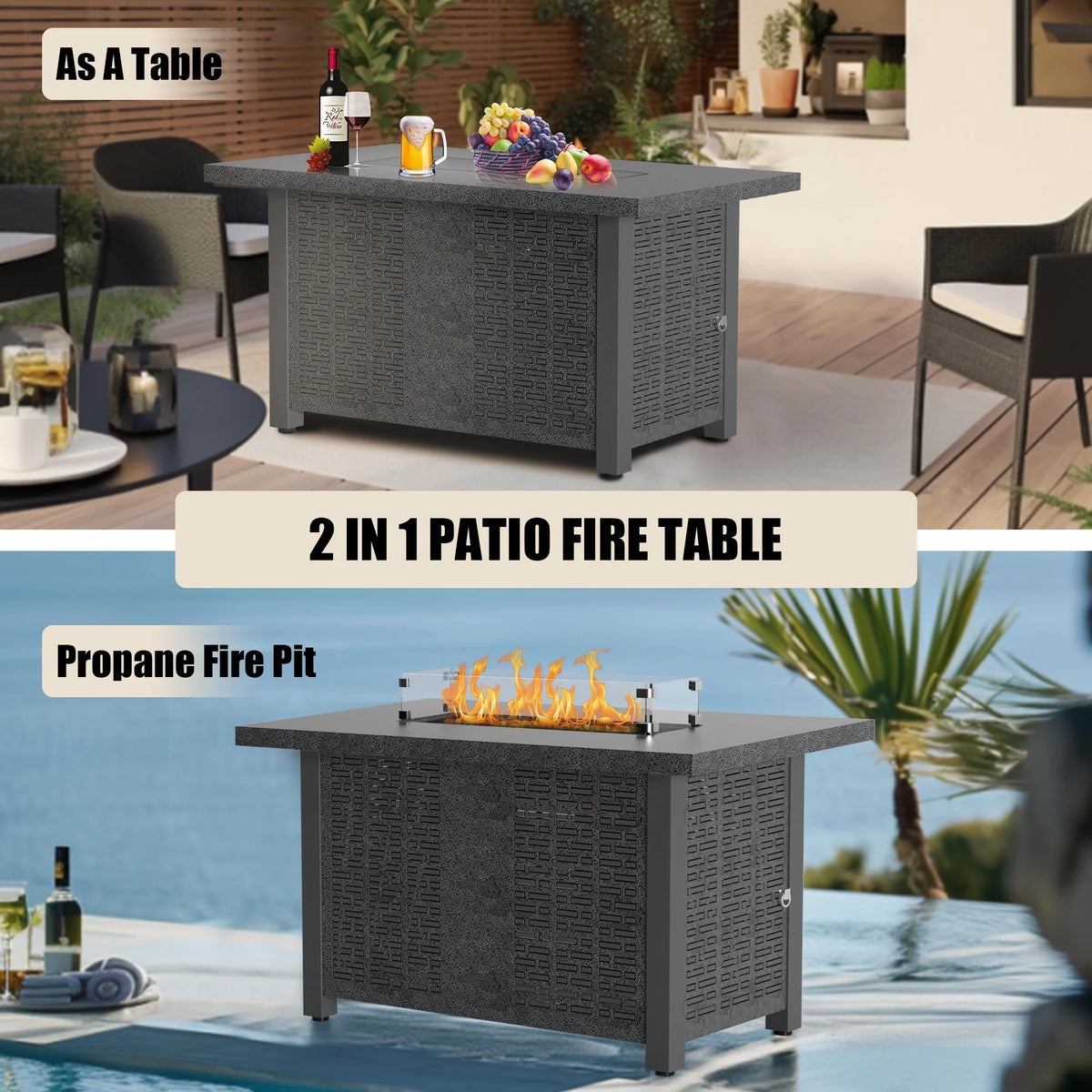 42 inch 50,000 BTU Rectangle Propane Gas Fire Pit Table with Lid, Glass Wind Guard, Waterproof Cover, Lava Rocks - Steel Z32122