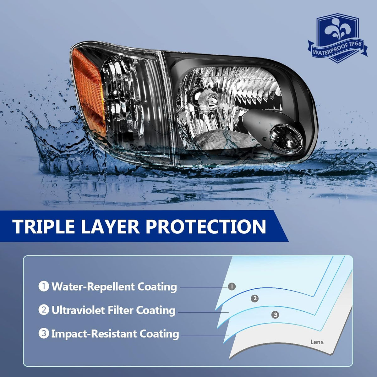 Headlight Assembly Pair Black Housing Amber Reflector Clear Lens N408584