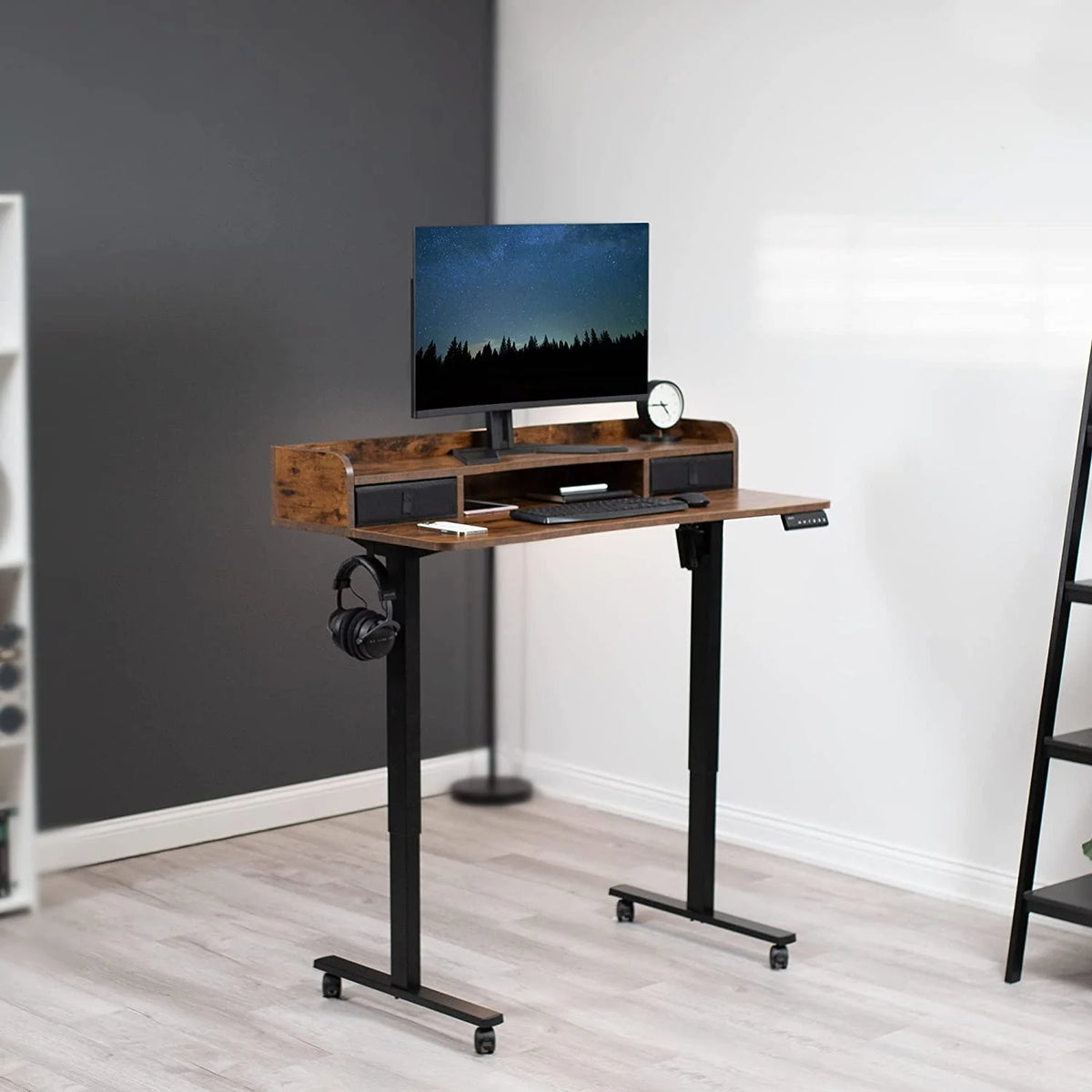 2-Tier Height Adjustable 24 Inch Stand Up Desk with Storage Drawers J59411