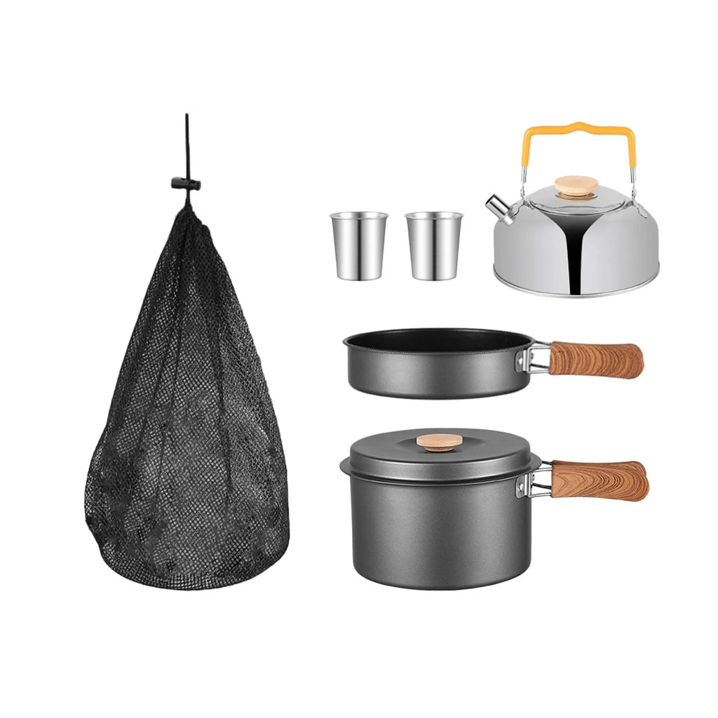 5x Gray Camping Cookware Set with Saucepan Drink Cup Pot Pan Kettle B518282