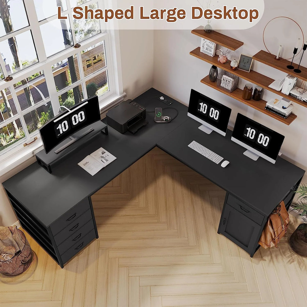 Black L Shaped Computer Desk with Power Outlet, 5 Drawers H81925