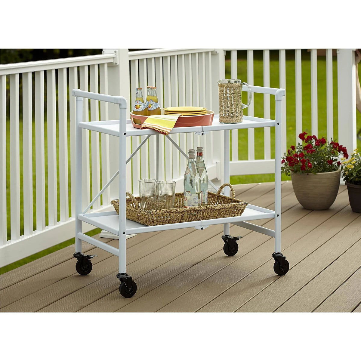 White Metal Slat Folding Serving Cart K22162