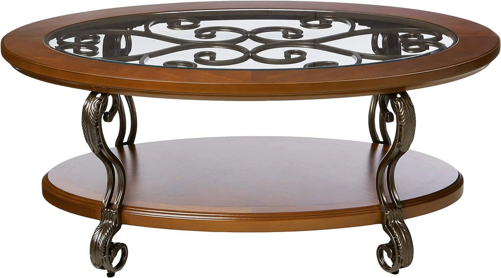Oval Coffee Table with Glass Top and 1 Shelf Y81882