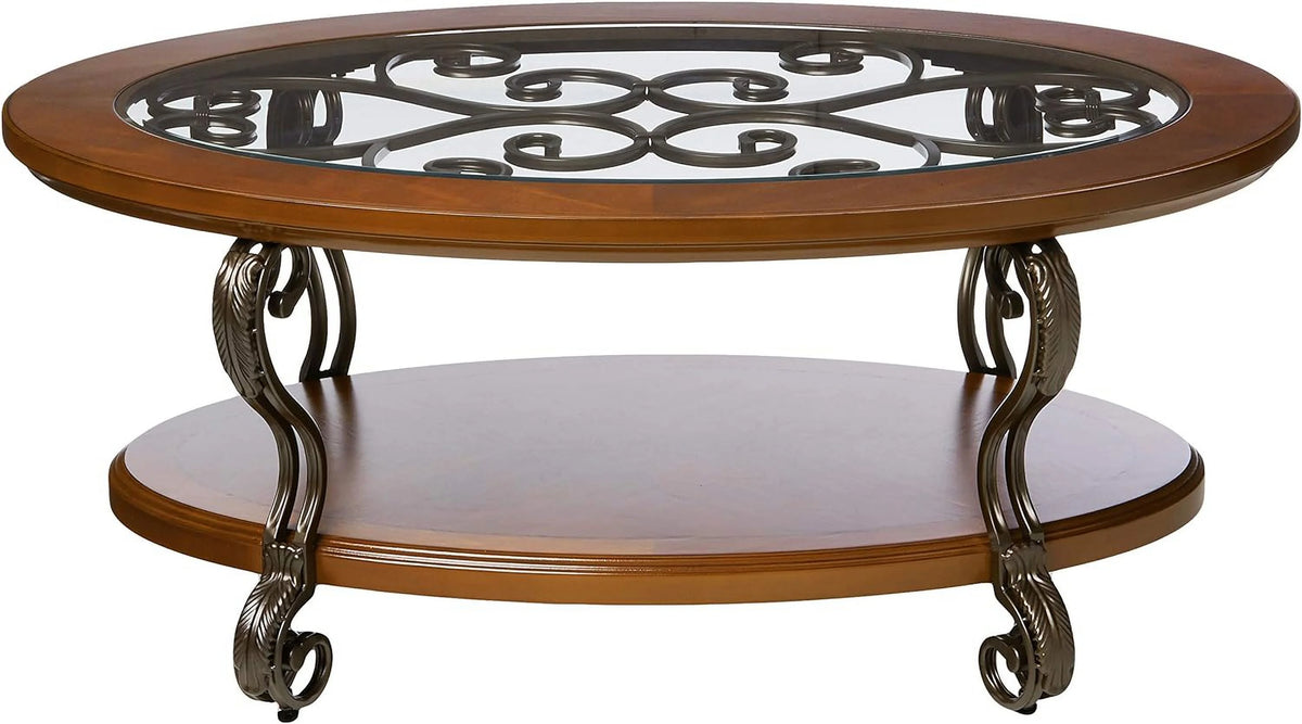 Oval Coffee Table with Glass Top and 1 Shelf Y81882