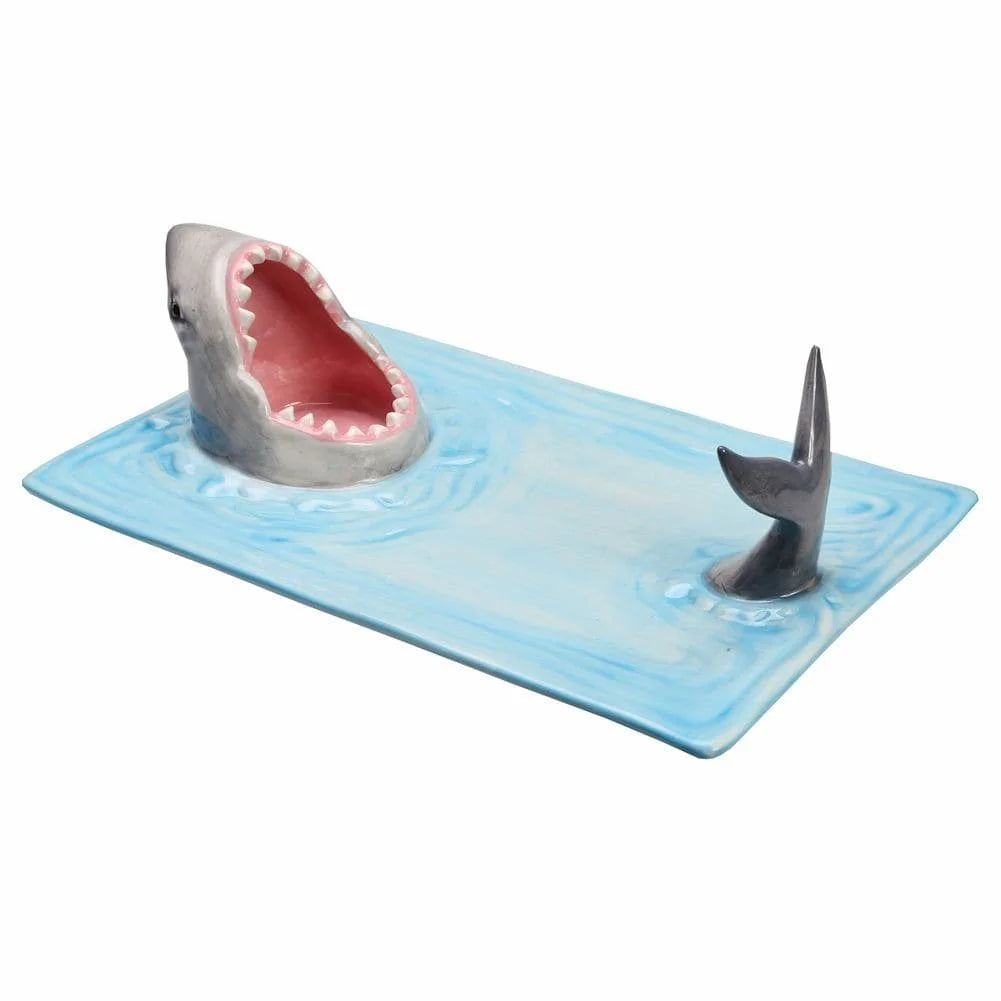 Shark Attack Sushi Plate, Hand-Painted Ceramic Serving Tray with Soy Sauce Holder and Chopsticks Rest D30283