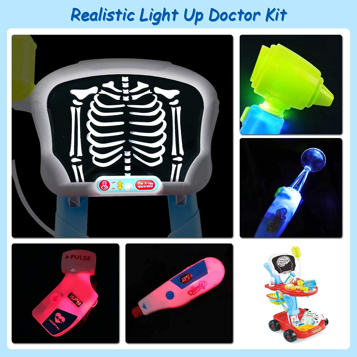 Doctor Cart Kit with Stethoscope Doctor Coat Light X-Ray Double-Decker Trolley Dress Up Doctor Costume Playset Toys P620907