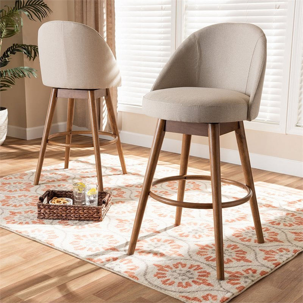 Beige Wood & Fabric Swivel Bar Stool (Set of 2) Z643