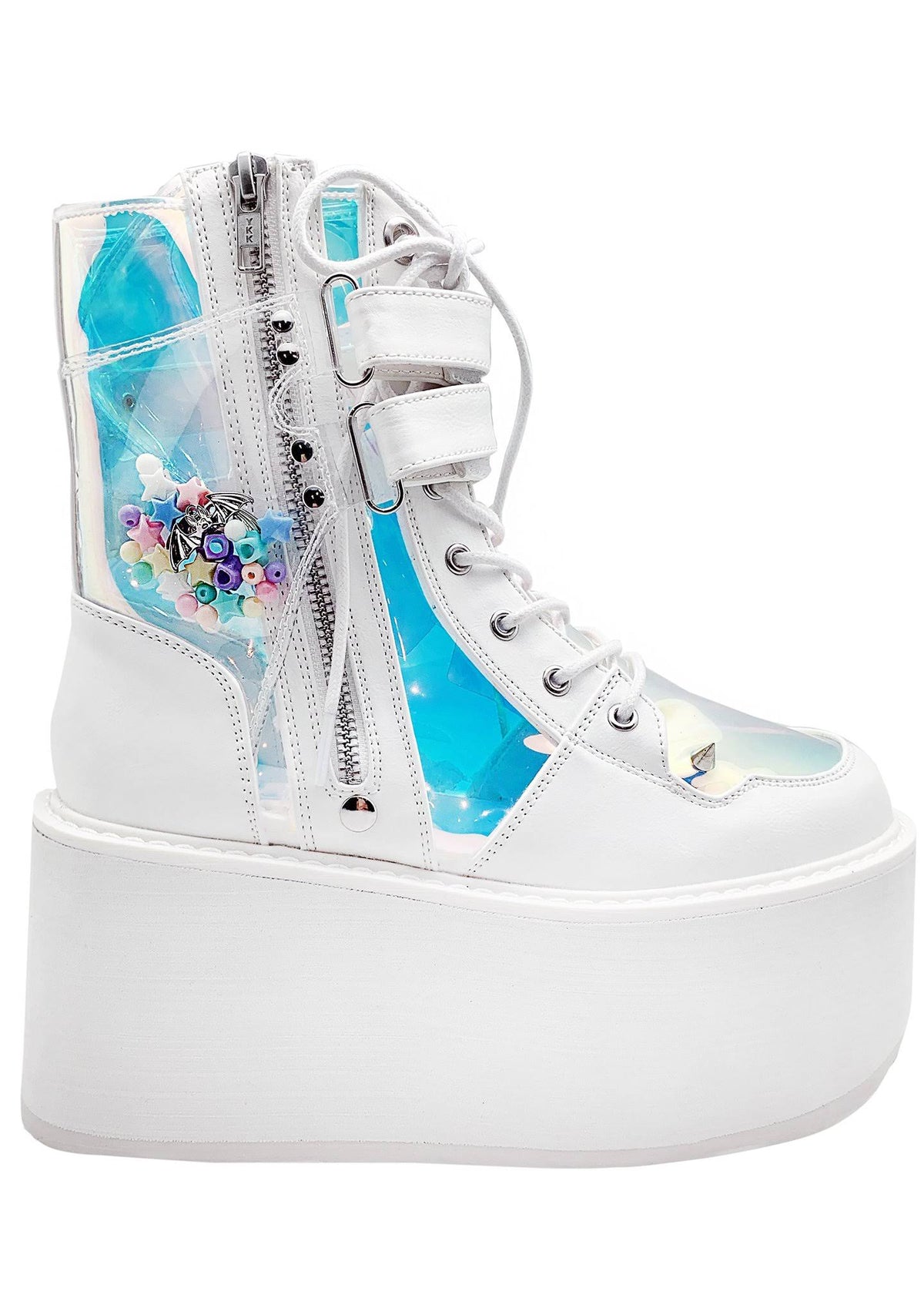 White Vegan Leather-Clear Hologram PVC Boots I34952