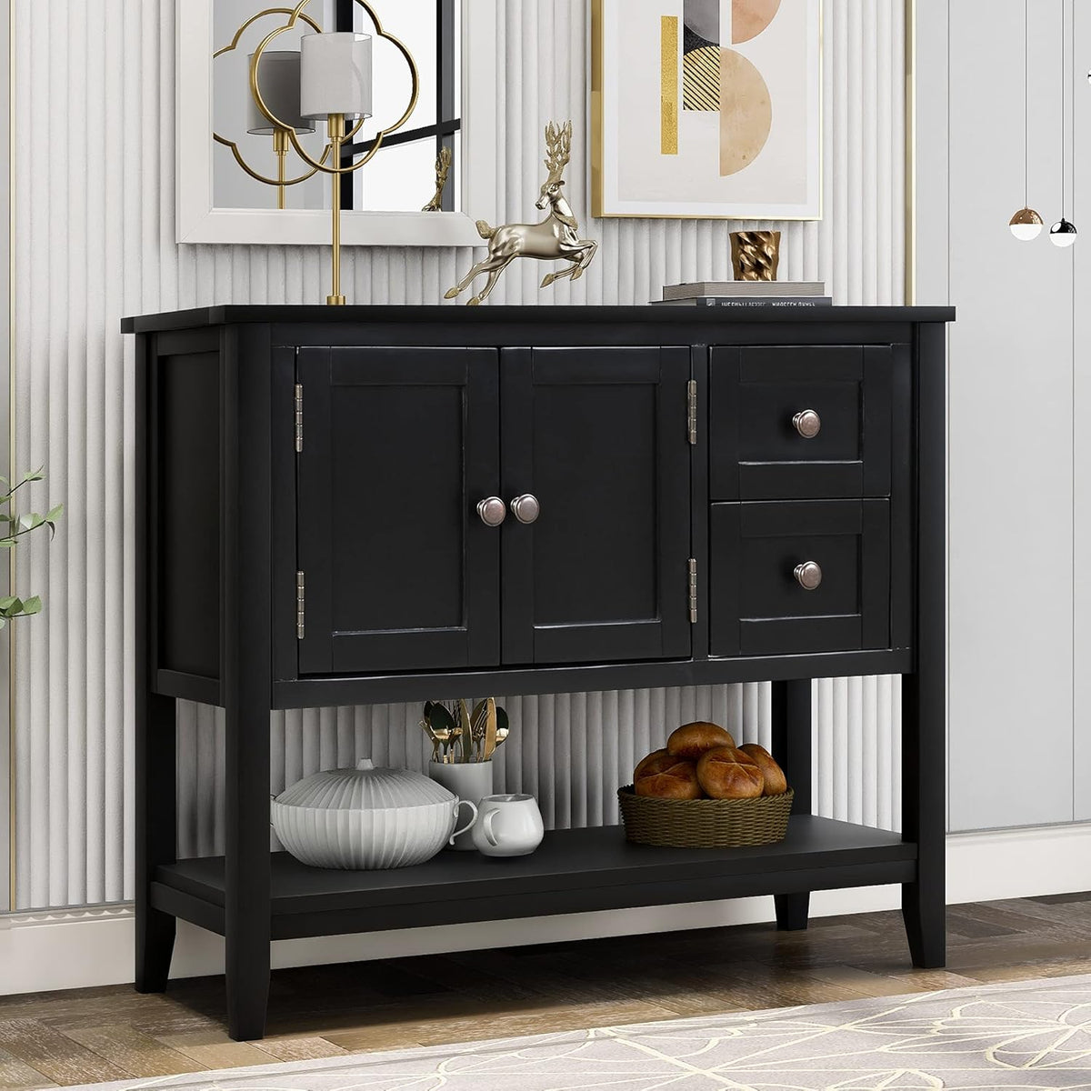 Black Solid Wood Console Table with 2 Drawers M804931