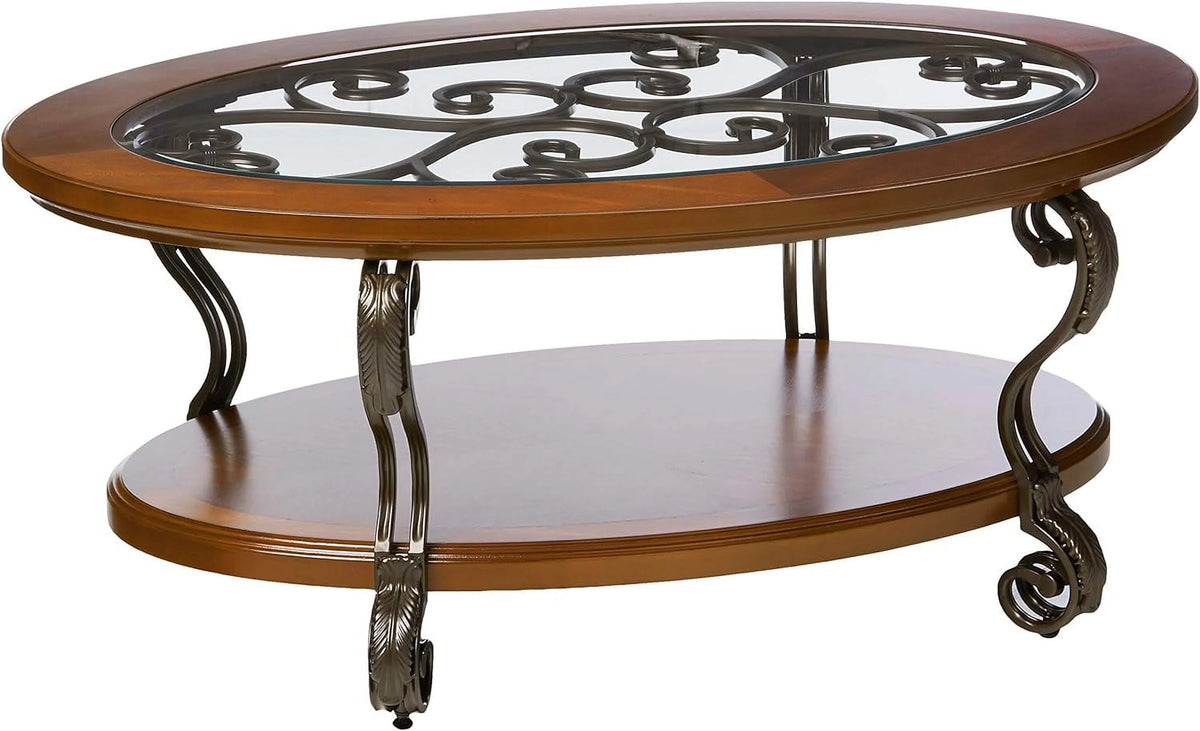 Oval Coffee Table with Glass Top and 1 Shelf Y81882