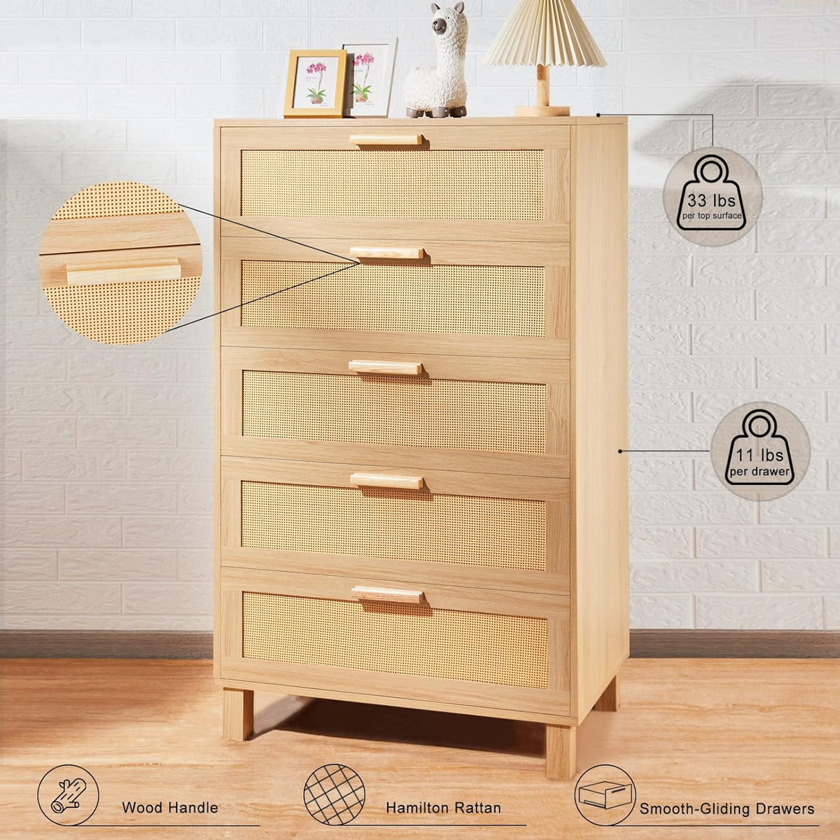 Oak 5 Drawer Rattan Dresser X6360