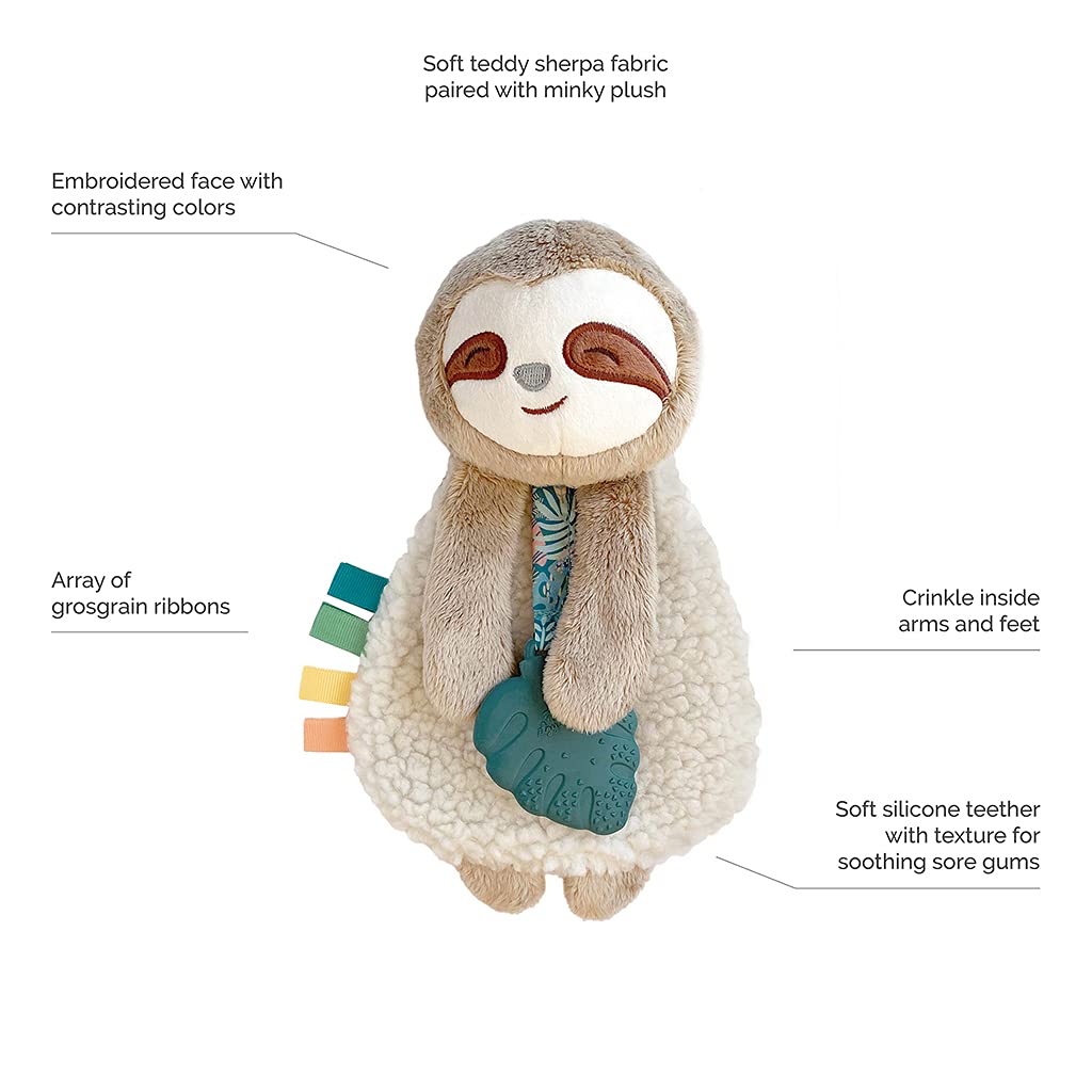 Sloth Lovey with Teether, Ribbons, Crinkle Sound, Sherpa Fabric, Minky Plush D882061
