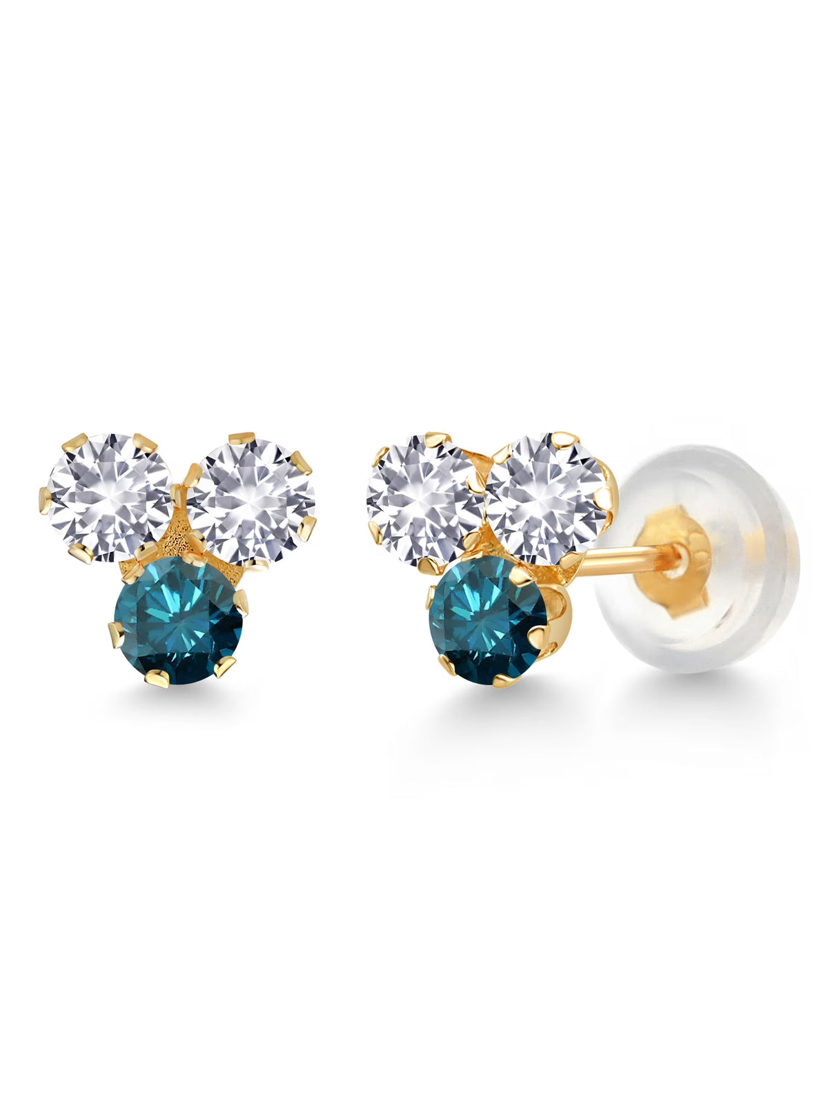 14K Yellow Gold White Created Sapphire and Blue Diamond Three Stone Stud Earrings W209170
