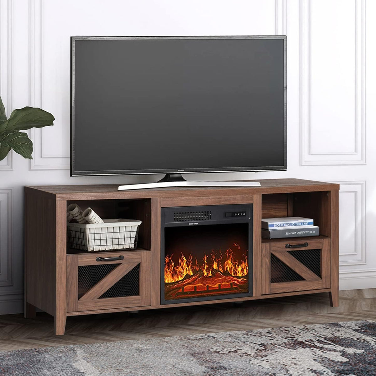 Barn Door Wood Electric Fireplace TV Stand with Storage Cabinets and Infrared Heater Y336