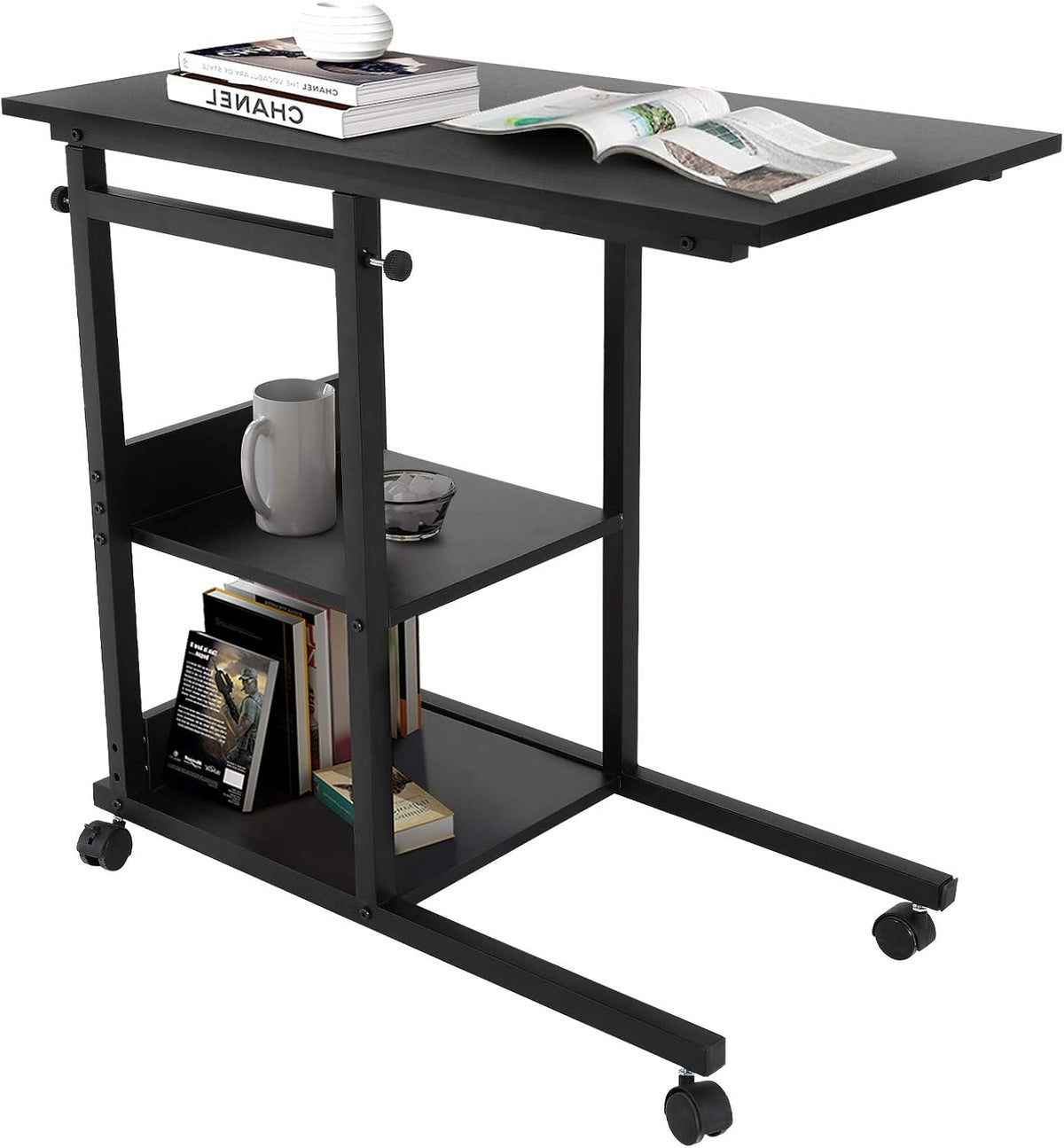 Black C-Shaped Mobile Wooden Side Table with Storage N435