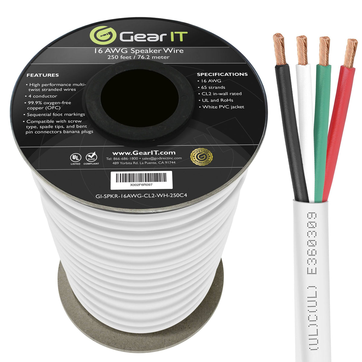 16 Gauge 4-Conductor Speaker Wire 250 Feet 16 AWG OFC CL V5238