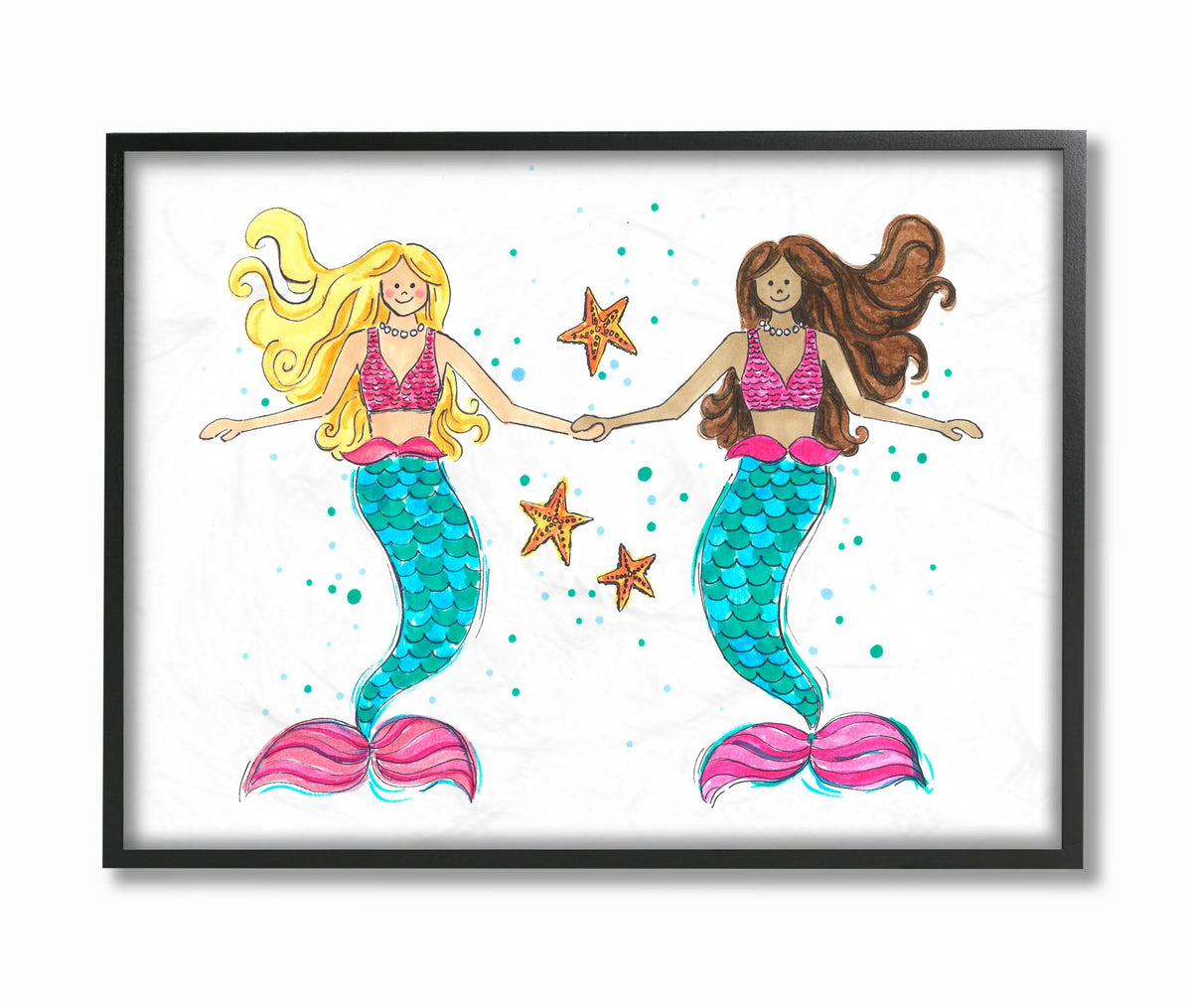 Two Blue and Pink Mermaid Friends with Starfish Framed Texturized Art T108339